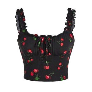 Cherry Print Frill Trim Tie Front Schiffy Wide Straps Camis Top